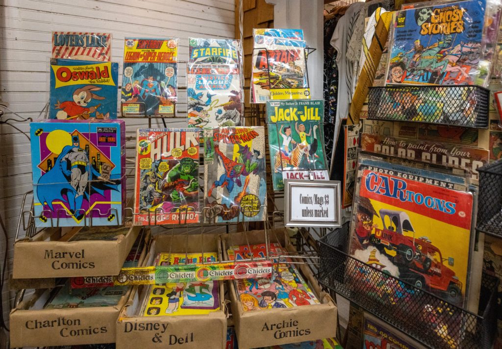 Racks of collectible comic books